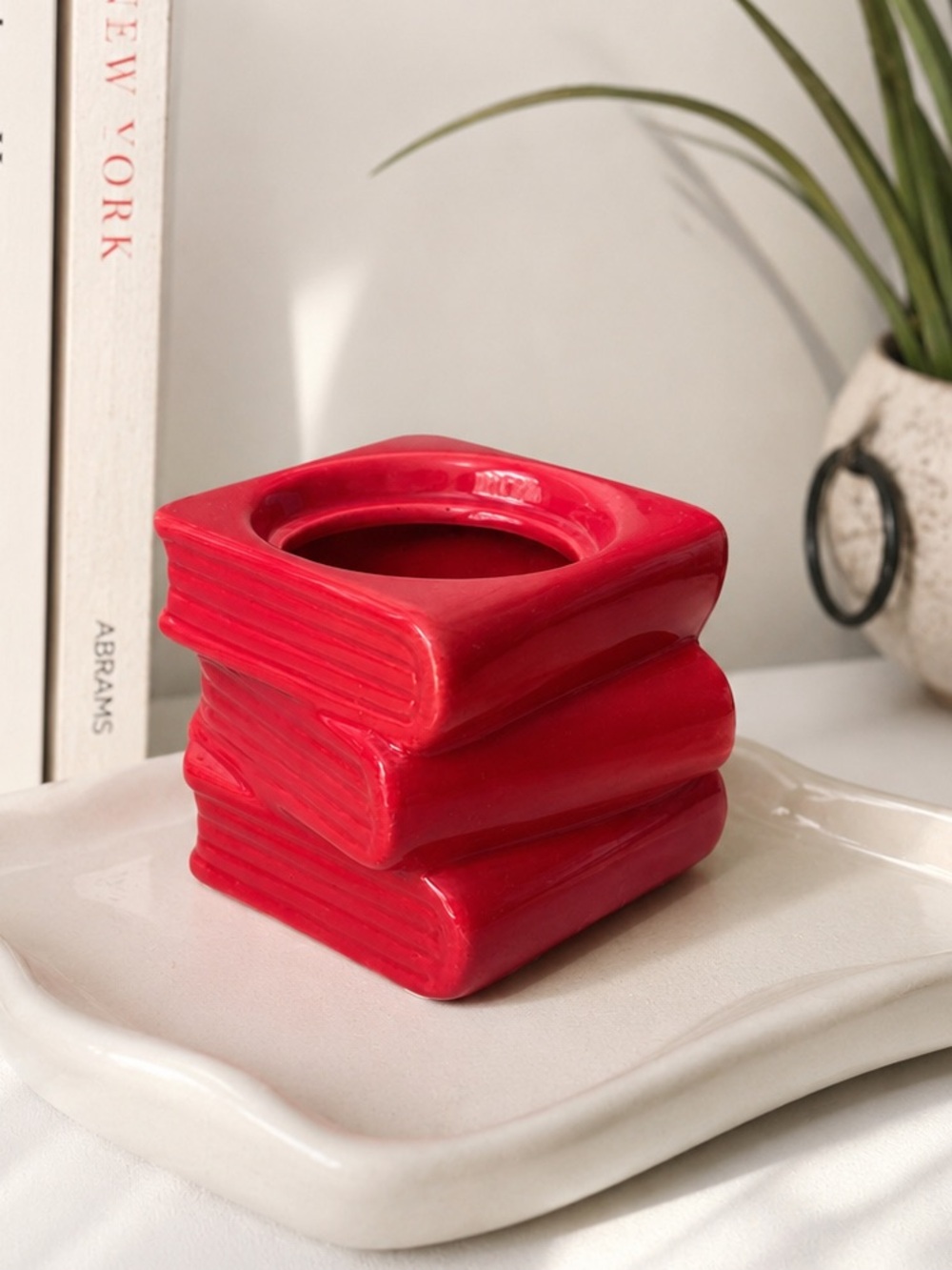 Red Ceramic Succulent Planter Pot Shaped Like a Book Stack